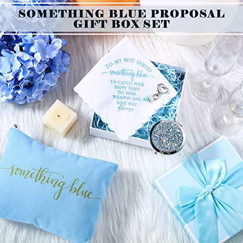 Fumete Set of 5 Something Blue Wedding Gift for Bride to My Best Friend Wedding Embroidered Handkerchief Angel Bouquet Charm Something Blue Bridal Cosmetic Bag Diamond Compact Mirror Blue Raffia Gift Box