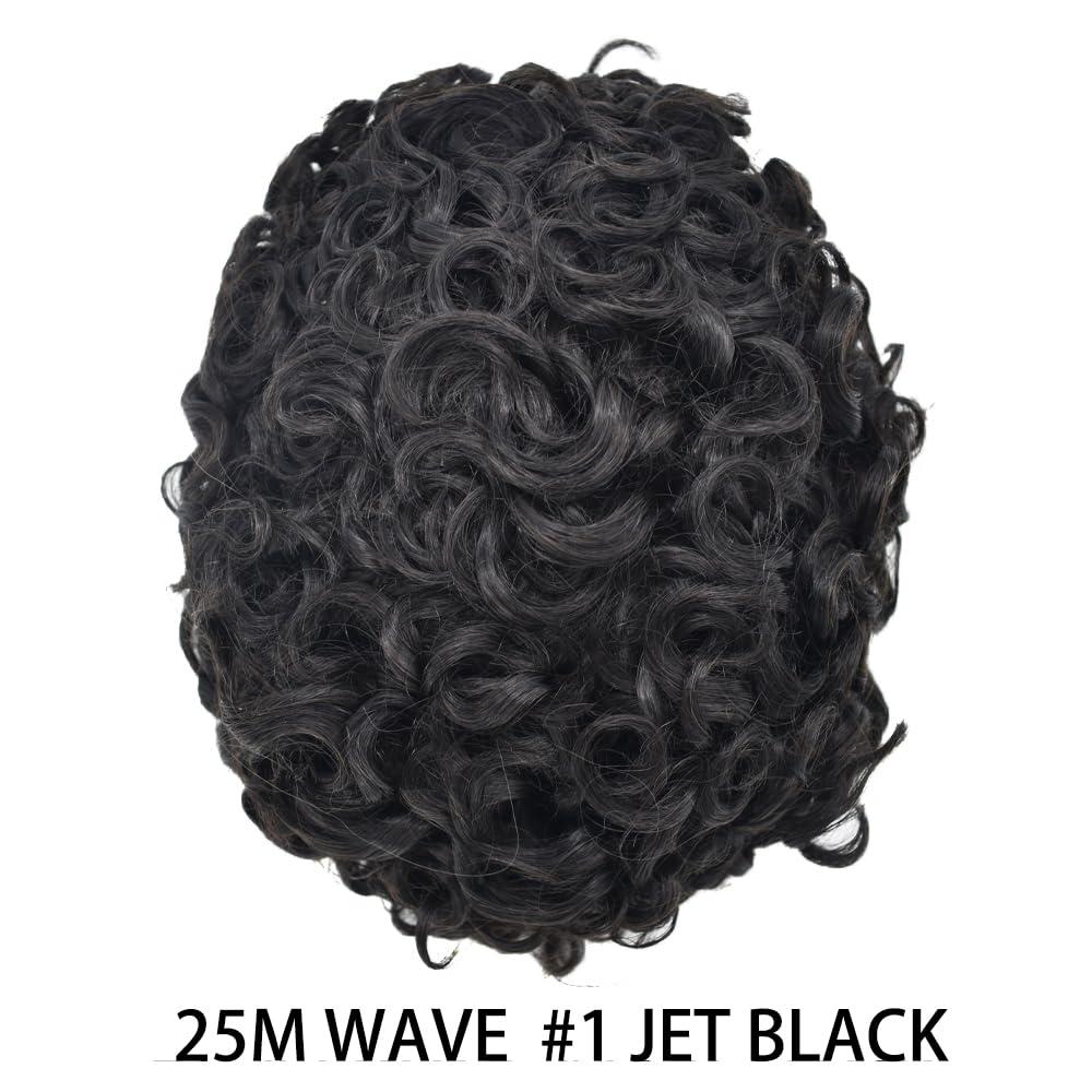 F M FACE MIRACLE NEW YORK Curly Toupee for Men 20mm 25mm Wave Mens Hair Replacement Systems With Fine Mono with Poly Skin Around Base Curly Mens Hair System Curly Hair Units for Men8"x10"1# JET BLACK-25MM WAVE