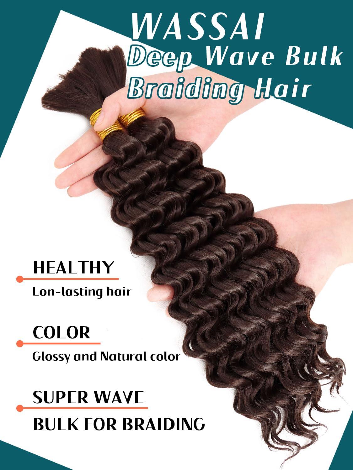 Wassai Deep Wave Bulk Hair for Braiding Dark Brown Curly Hair for Bohemian Knotless Braids 2 Boundle Boho Braids Curs 200g 20 Inch Boho Hair for Micro Braiding No Weft