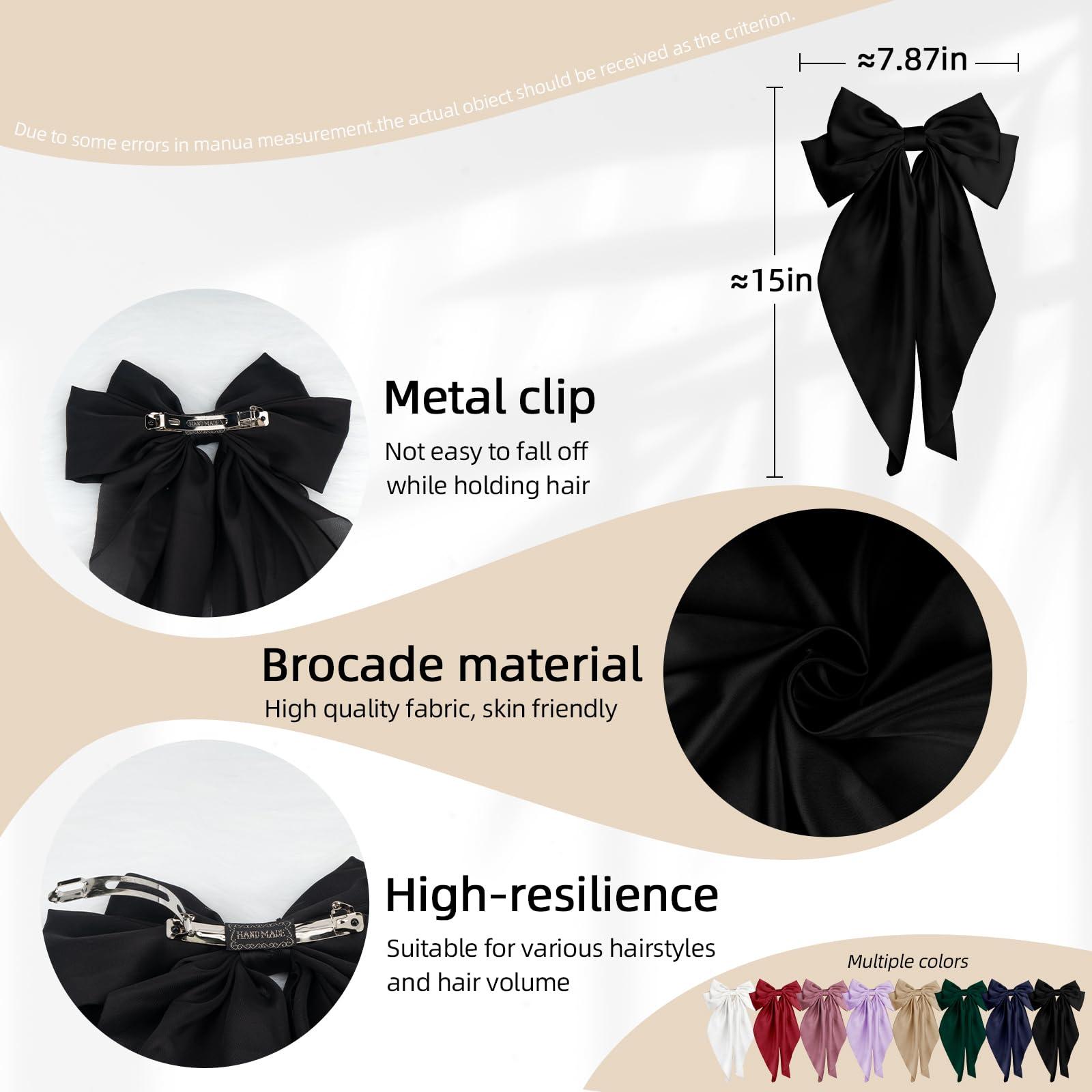 TULOBI Large Hair Bows with Long Tail 2PCS Black Bow Hair Clip with Metal Spring Clamp Soft Satin Hair Ribbon for Women Girls