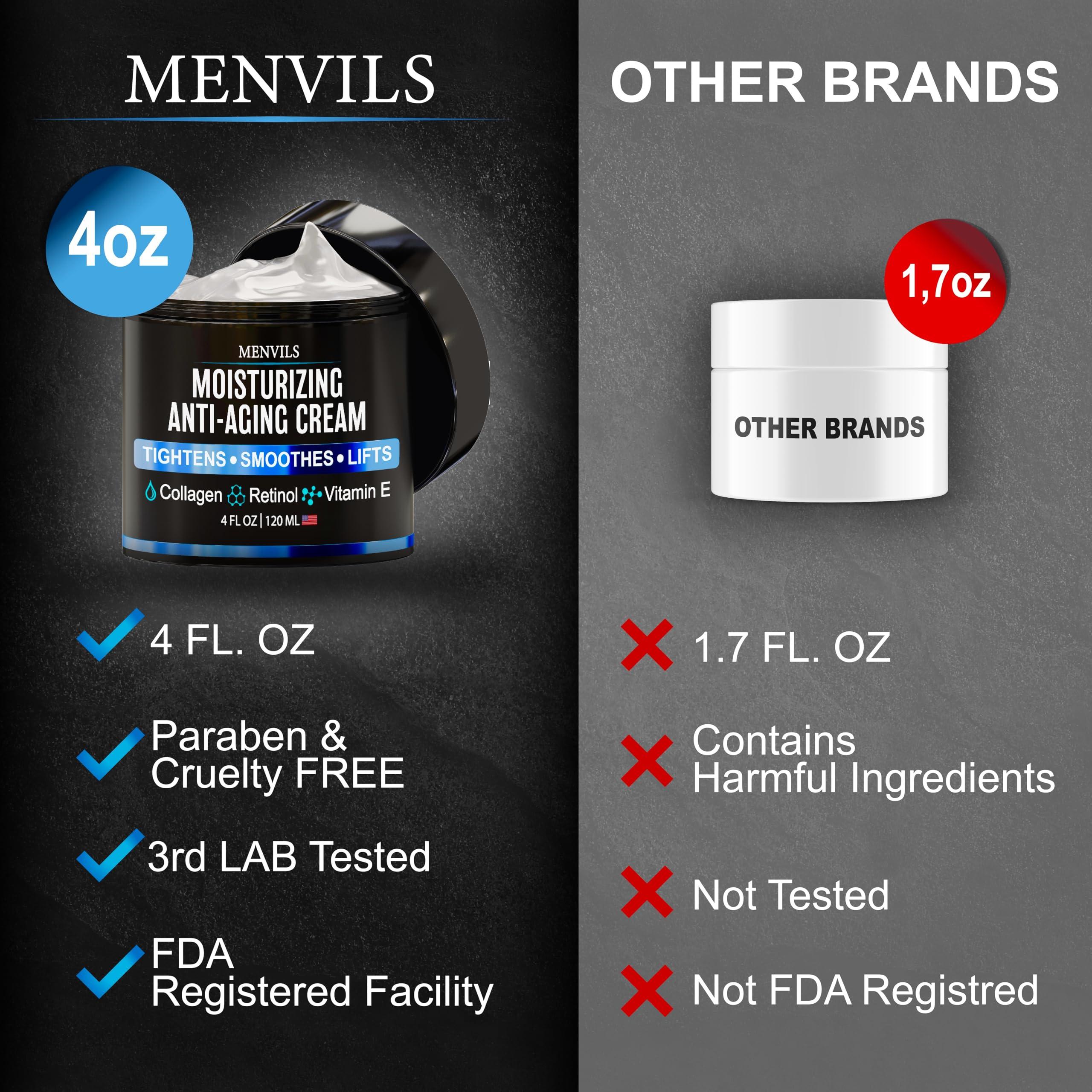 Menvils (2 Pack) Mens Face Moisturizer Cream - Anti Aging & Wrinkle for Men with Collagen, Retinol, Vitamins E, Jojoba Oil - Face Lotion - Age Facial Skin Care - Eye Wrinkle - 8 oz Total