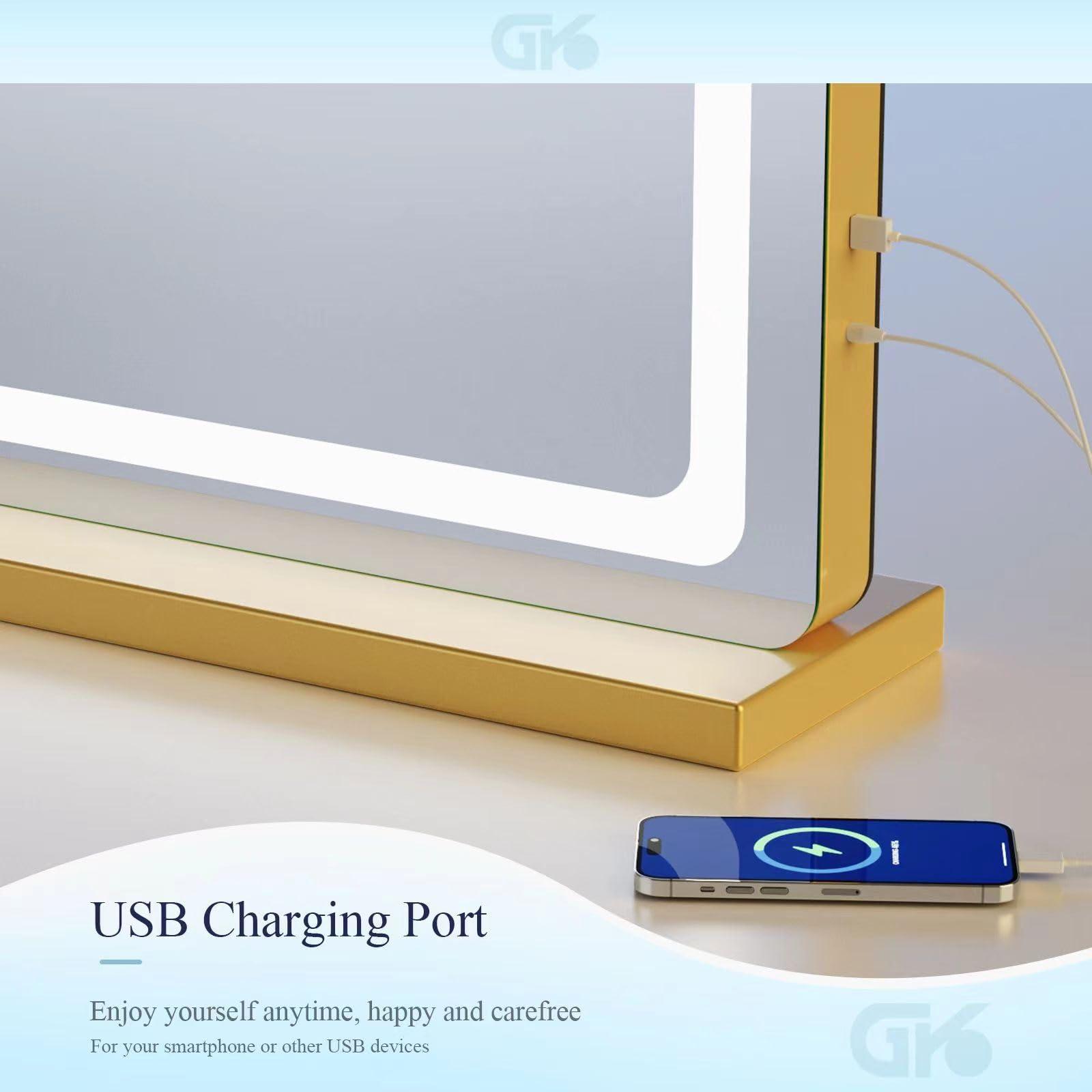 Gvnkvn Gvnkvn Makeup Vanity Mirror with USB Charging Port 32\" x 24\" Large LED Makeup Mirror, Desk Mirorr with Lights, Light up Mirror with 10X Magnification and, Dimmable 3 Modes, Touch Screen Control