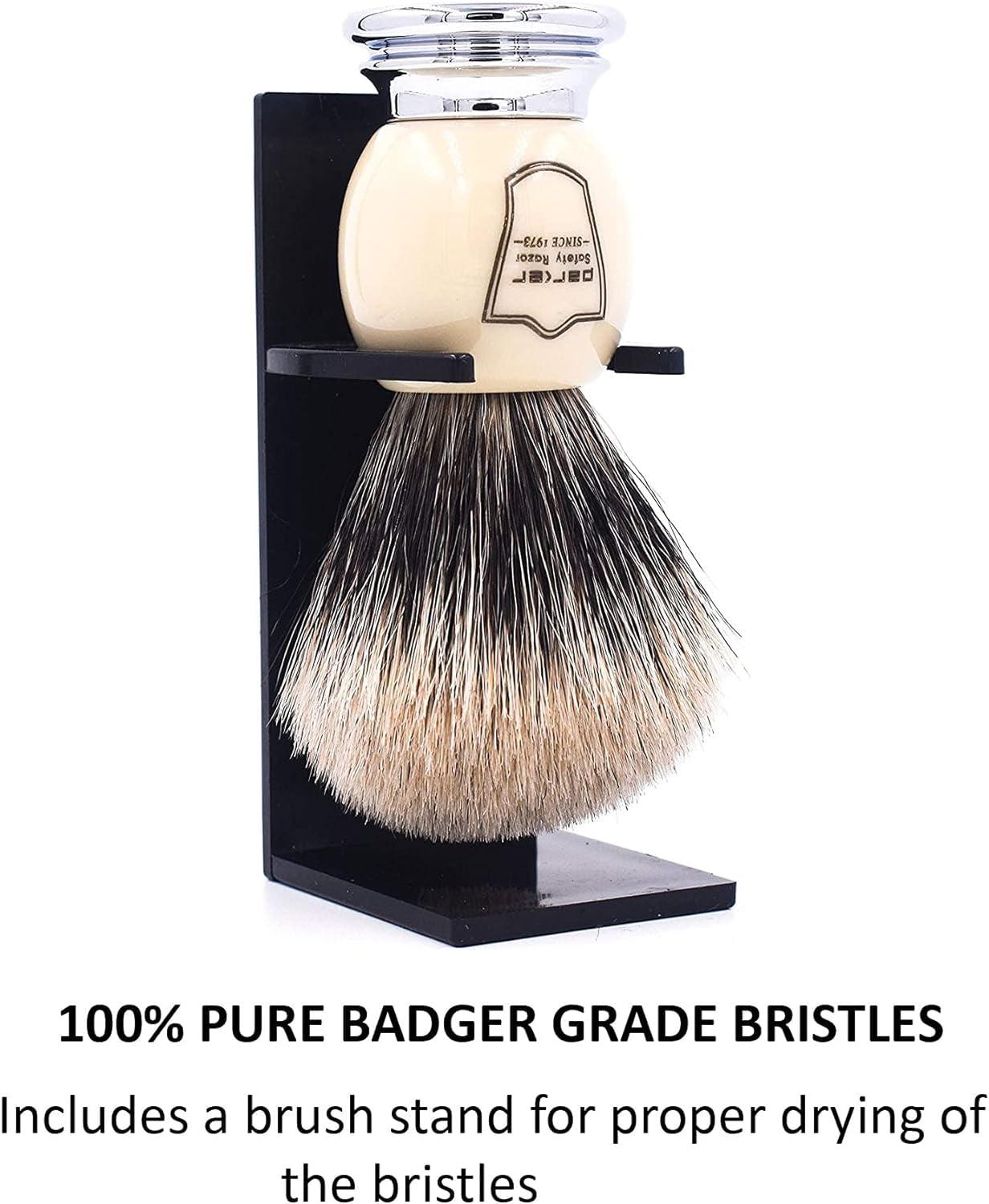 Parker Safety Razor Parker Premium 3 Band Pure Badger Shaving Brush with Stand Included - White