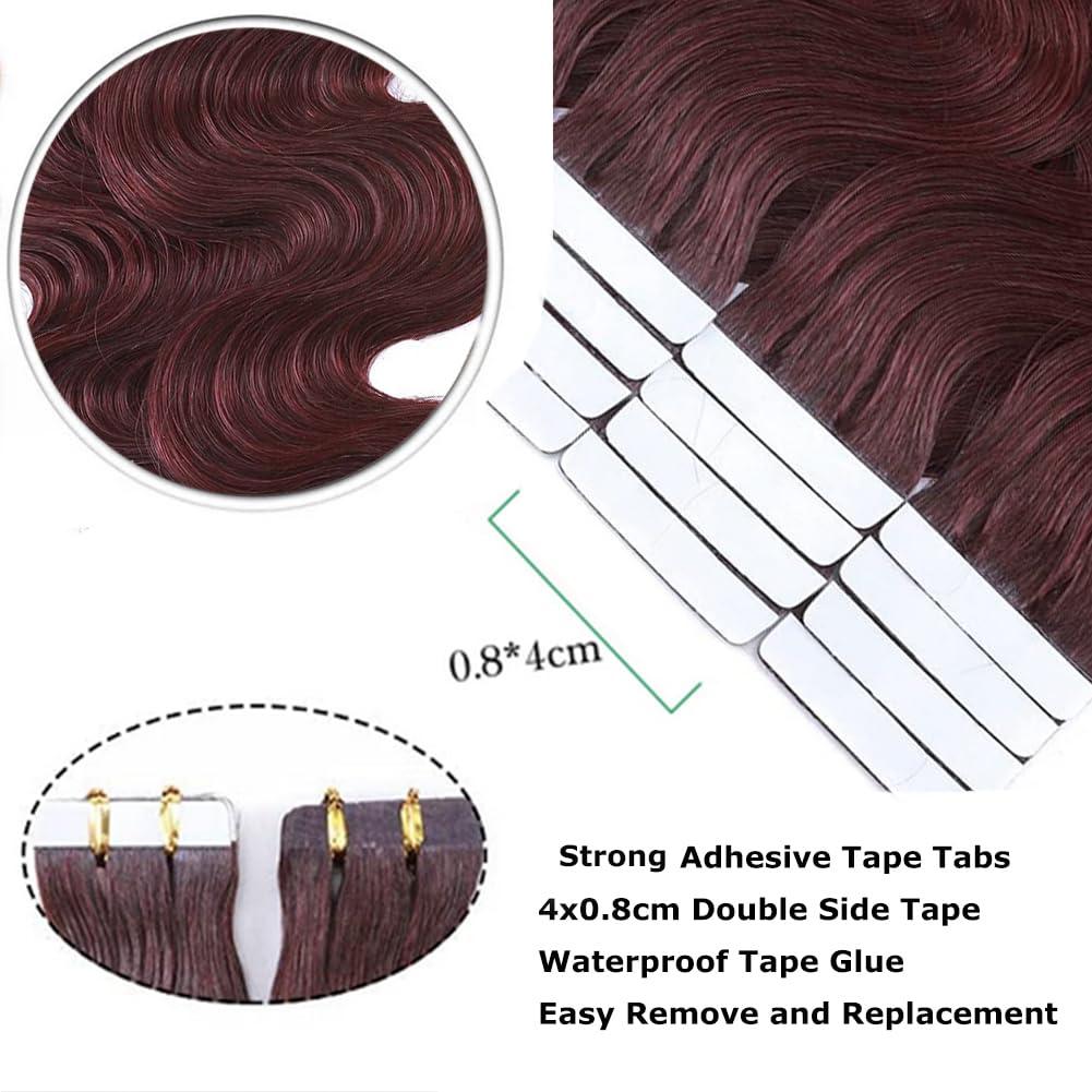 Kiss darling LASHES 40pcs 22inch 100g Tape in Hair Extensions Human Hair 99j Burgundy Tape in Hair Extensions for Women Wine Red Body Wave Tape Ins Invisible Seamless Glue in Hair