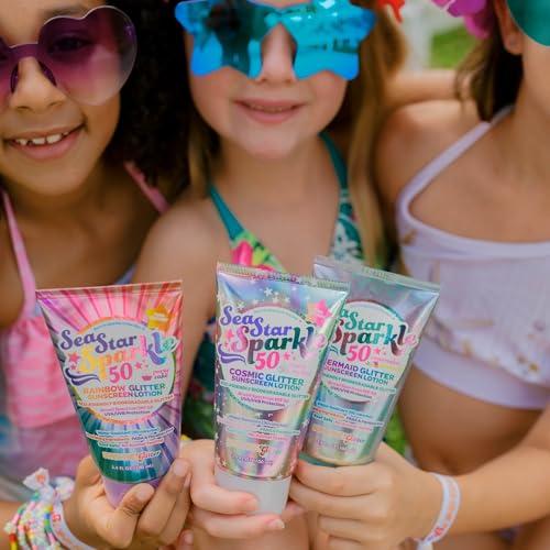 Sunshine & Glitter Seastar Sparkle - Cosmic Marshmallow Scented Glitter Sunscreen Lotion - SPF 50 - Biodegradable Sunscreen, Kids, Water Resistant, Glitter lotion, Cruelty Free, Kids Lotion, Made in USA, 3.4oz