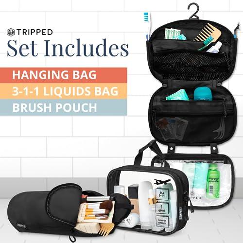 TRIPPED Travel Gear Toiletry Bag Kit Set: Hanging Travel Toiletry Bag + 311 TSA Cosmetic Liquid Bag + Ultralight Accessory Organizer Pouch (Black Ripstop)