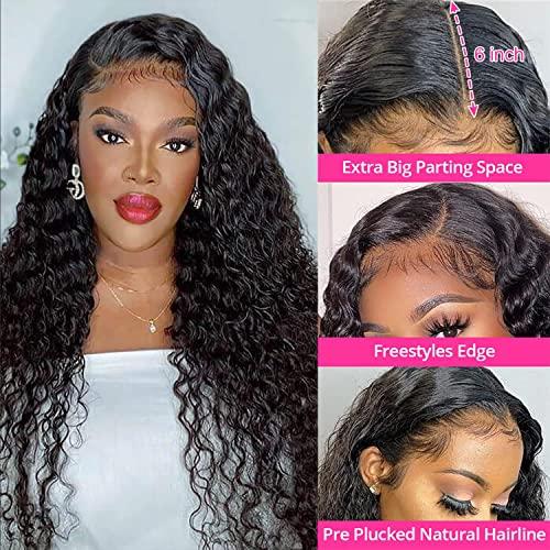 SNJON SNJON 13x6 Lace Front Wigs Human Hair 180 Density HD Transparent Frontal Wigs Human Hair Water Wave Wigs for Women Curly Lace Frontal Wet and Wavy Human Hair Wig Pre Plucked with Baby Hair (32 Inch)