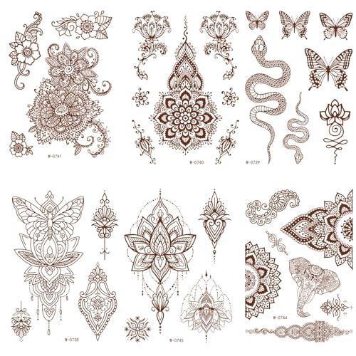 Anomocia 23 Pcs Brown Henna Tattoo Kit Waterproof Temporary Fake Tattoo Stickers for Women Girls DIY on Body Face Arms Legs