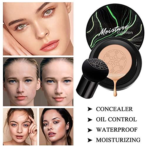 Hilareco Mushroom Head Air Cushion CC Cream Natural Foundation,Phoera Powder, Bright Makeup Base Long Lasting with Makeup Sponge and Flat Top Kabuki Foundation Brush (#03 Warm Nude)
