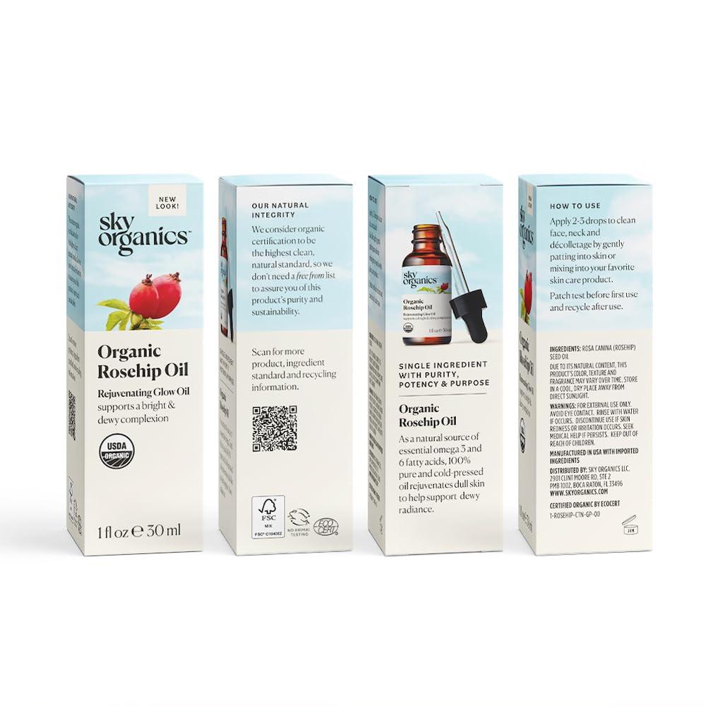 Sky Organics Sky Organics Organic Rosehip Oil (1oz) Cold-Pressed Rosehip Seed Oil, Anti-aging Face Oil, Antioxidant Face Oil, 100% Pure Anti-Aging Rosehip Seed Oil for Radiant Skin, Hair and Acne