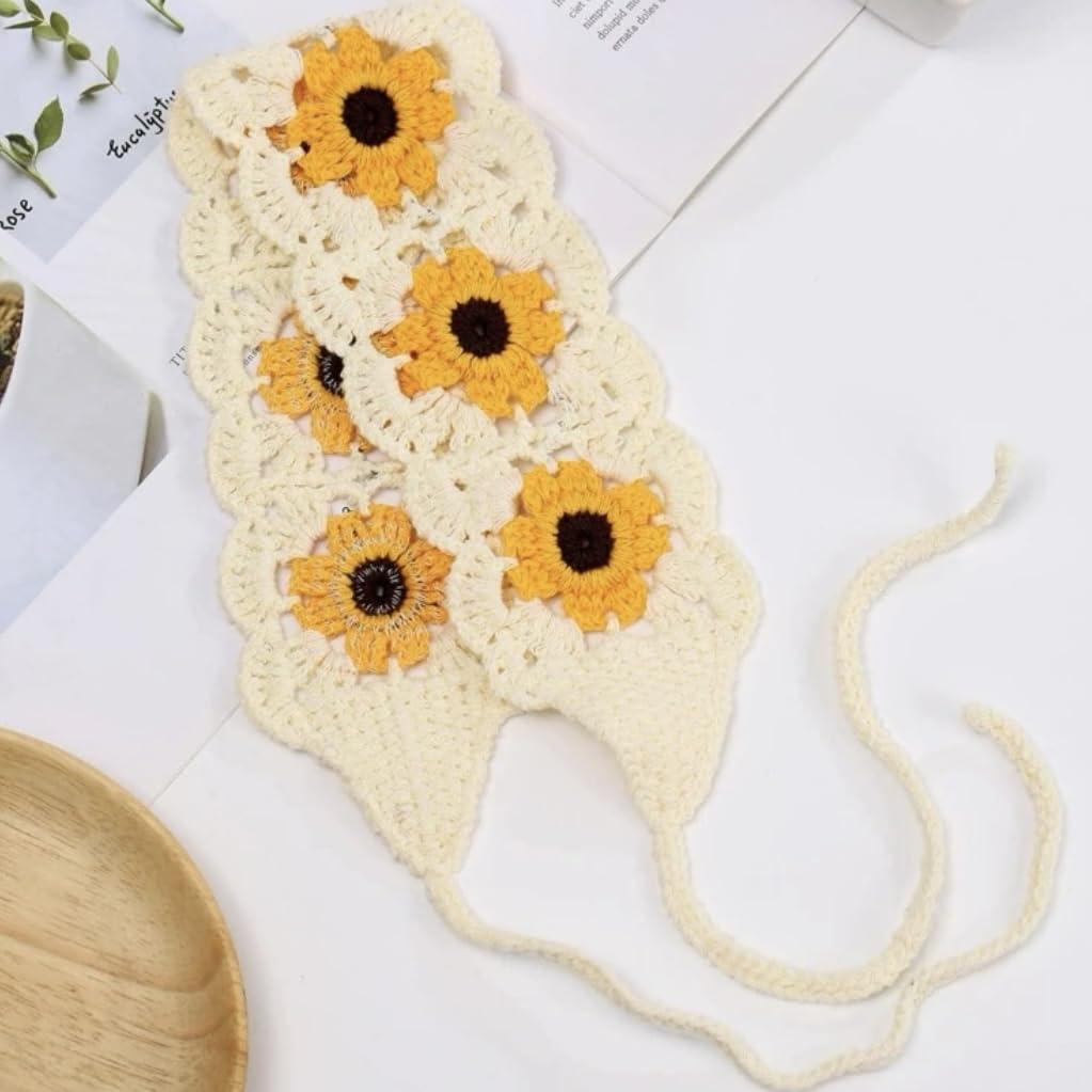ClawsandPaws ClawsandPaws Daisy Crochet Headbands Hairbands, Hair Scarf, Knitted Floral Hair Accessories for Festival/Holiday, Cottagecore Aesthetic (Beige with Yellow Flower)