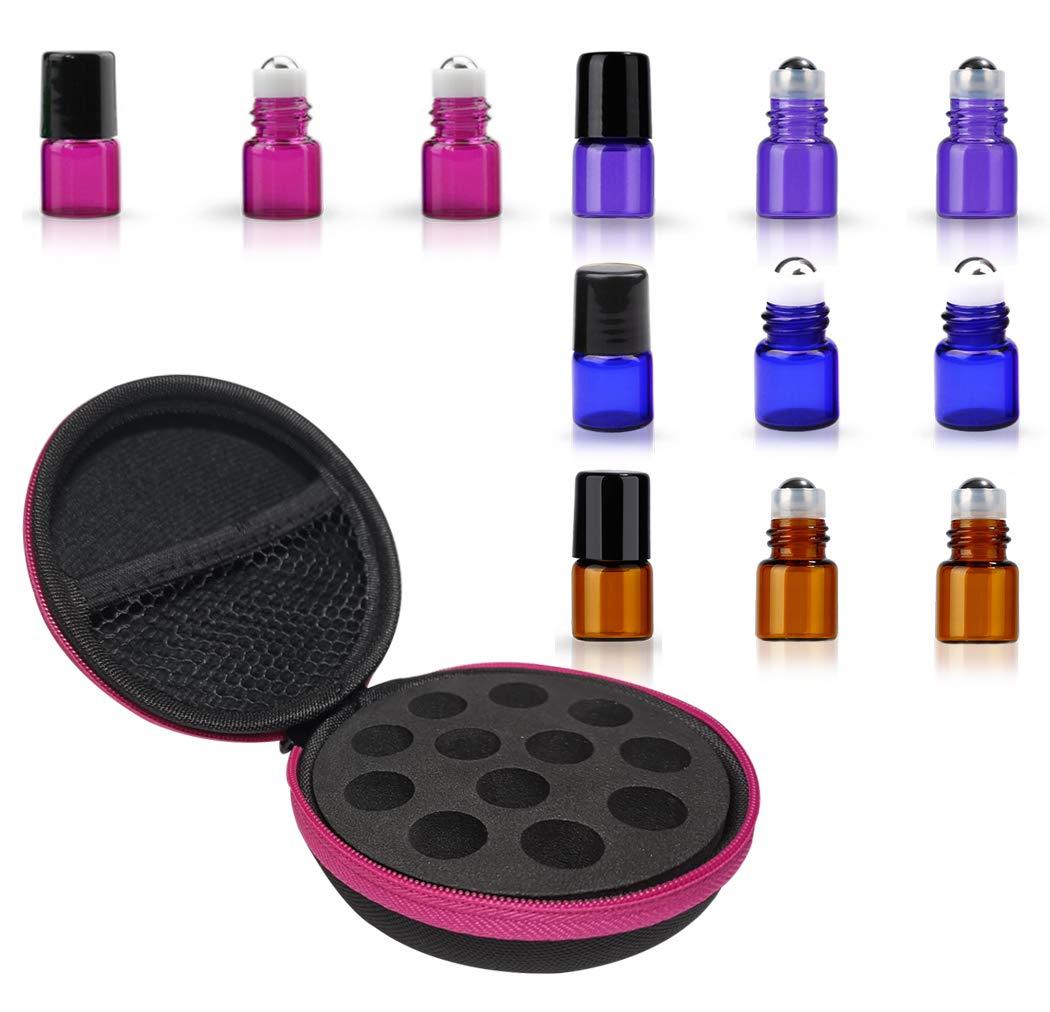AFMNQZ Round Hard Shell Case for 1/4 5/8 DRAM Micro Mini Roll-on Glass Bottles with Metal Roller Balls - Refillable Aromatherapy Essential Oil Roll On (HOLDS 12 VIALS) (1ML Mix bottle)
