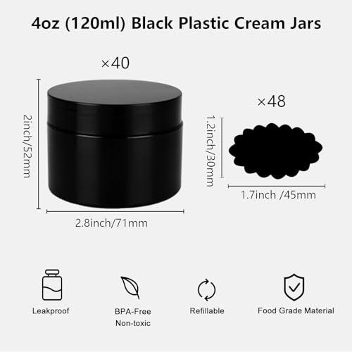 Acrux7 Acrux7 40 Pack 4 oz Black Plastic Jars, Small Round Cosmetic Cream Jars with Lids & Labels, Refillable Plastic Cream Container 120 ml Leak Proof Travel Jars for Creams, Lotion, Body Butter, Body Scrub