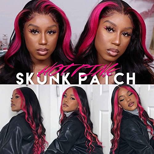 Aigemei Pink Skunk Stripe Wavy Wigs 22inch Highlight Synthetic Hair Lace Wig Ombre Hair Wigs for Black Women Middle Part Fake Scalp Long Wavy Wig