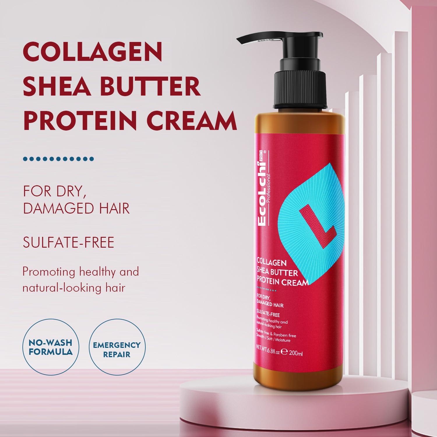 ECOLCHIPRO ECOLCHIPRO Ecolchi Collagen Leave-In Conditioner Cream Deep Restores Shea Butter Protein Cream Hair Treatment Smooth Glossy for Dry and Damaged All Hair Types 200ml 6.8 fl.oz