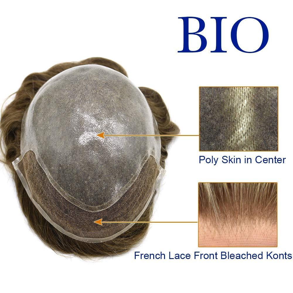 LHC French Lace Front Mens Mens Toupee Hairpiece Gray Hair Replacement Bleached Knot Wigs Poly Thin Skin Hair System For Men (8"x10", #760 Very Light Brown+60%Gray-120% Light to Medium)