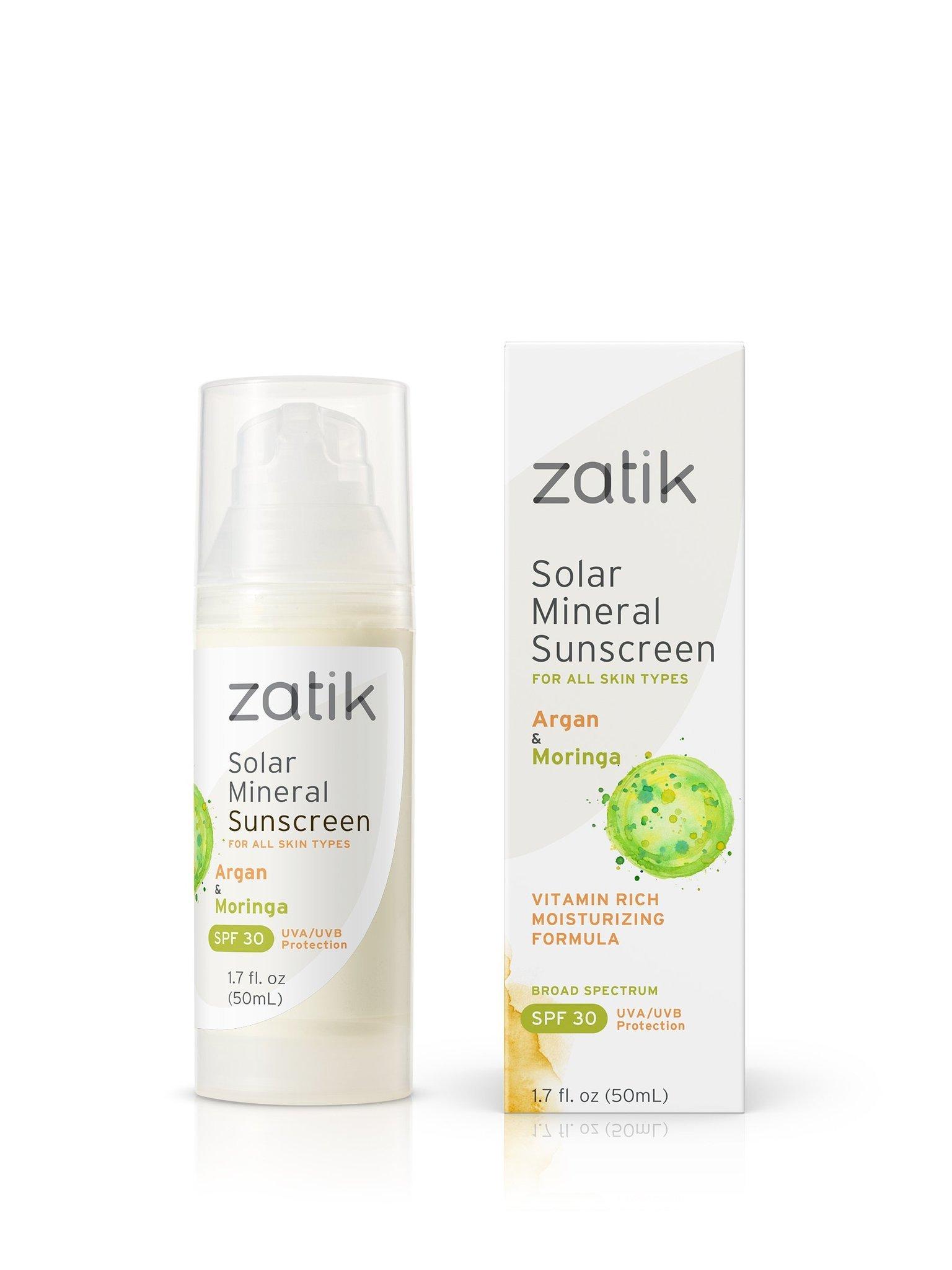 Zatik Zatik Naturals - Solar Mineral Sunscreen with Argan and Moringa, Vitamin and Mineral-Based Solar Protection, Vegan, Non-GMO, pH Balanced, FREE from Gluten, Soy, Alcohol. 1.7 fl oz, 50 ml