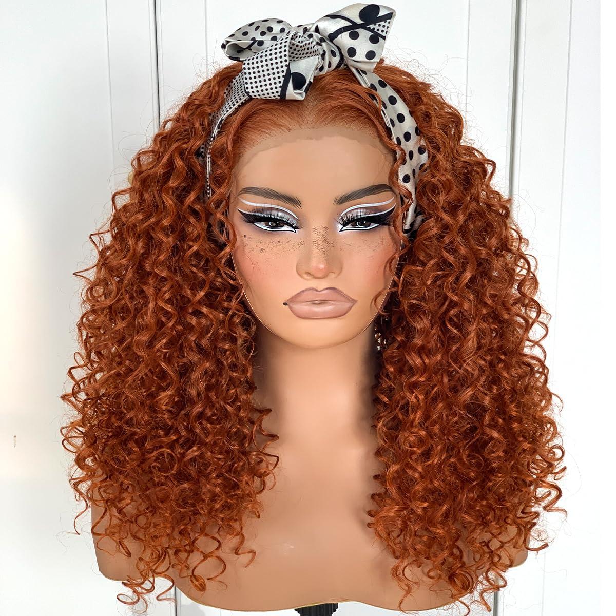 MITIMES MITIMES Glueless Ginger Curly Wig Pre-Plucked Wear And Go Synthetic HD Lace Front Wig 13x6 Layered Afro Curly Wig For Beginners 18 Inch