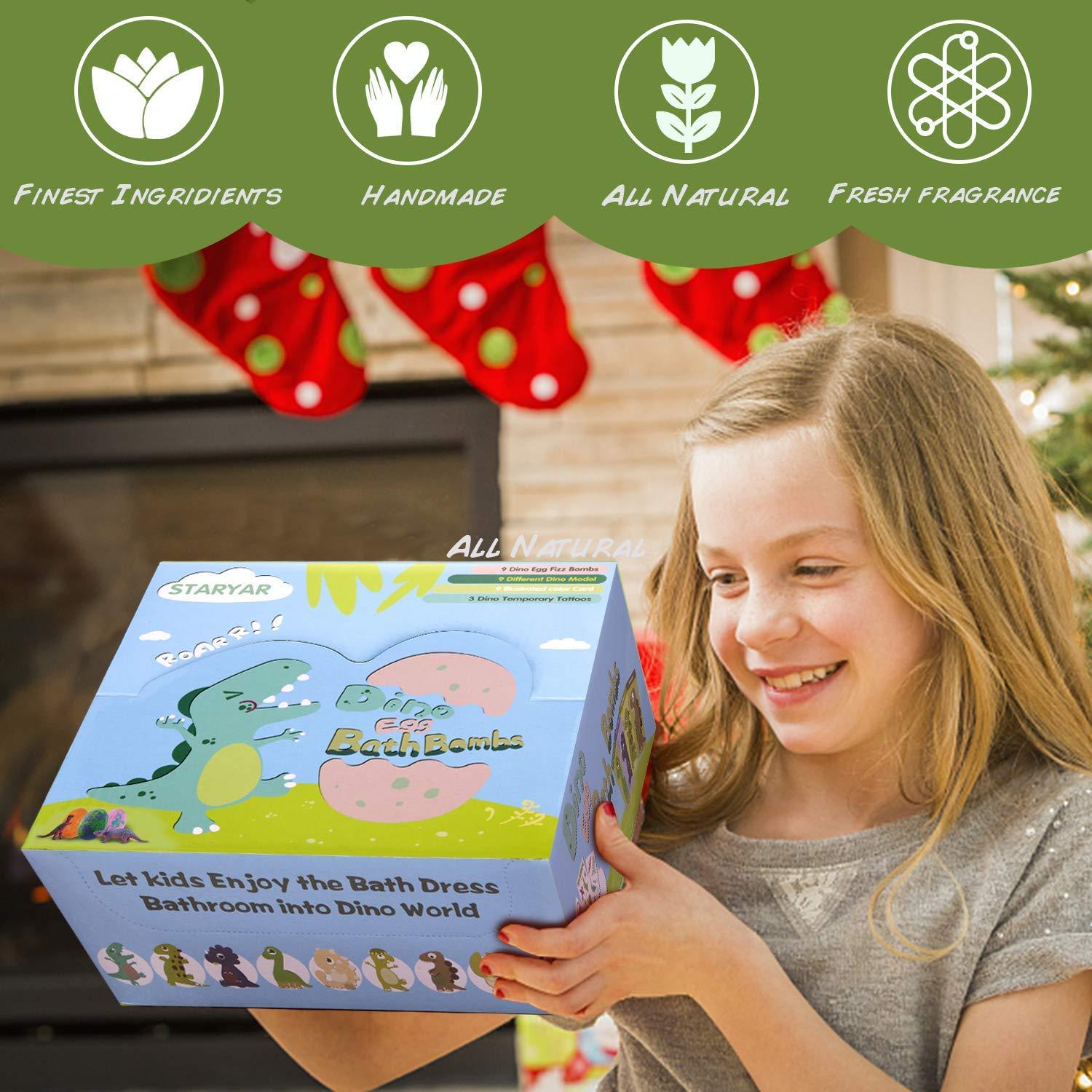 STARYAR Bath Bombs for Kids with Surprise Toys Inside - 9 Pack Organic Dinosaur Bath Bombs Easter Eggs Gifts, Bubble Bath Fizzers, Dinosaur Toys for Kids 3 4 5 6 7 8 9 Years, Boys Easter Basket Stuffers