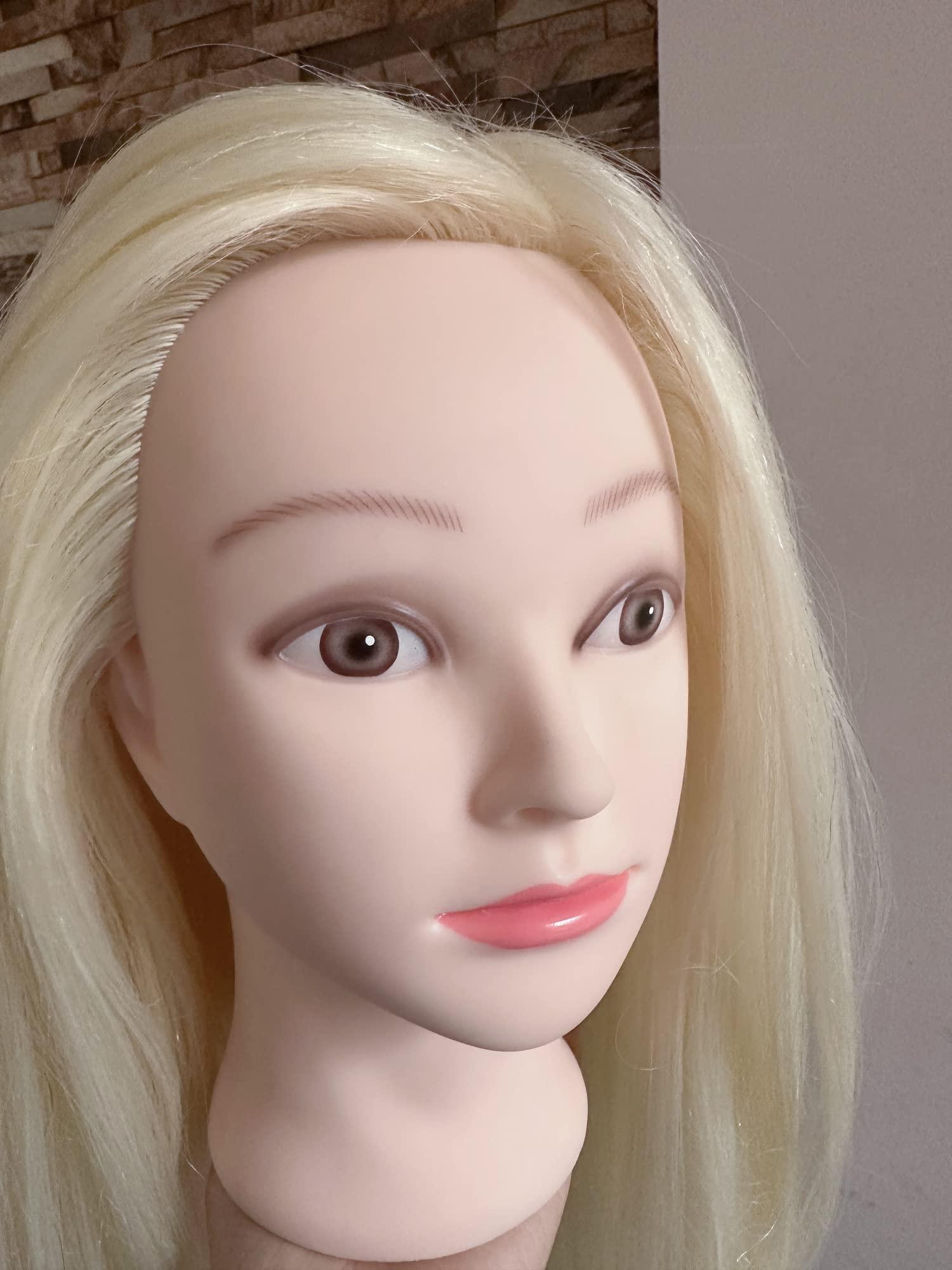 Devalook 24 Inches Professional Long 40% Soft Real Human Hair Hairdressing Equipment Styling Head Doll Mannequin Training Head Tools Braiding Cutting Student Practice Model Clamp (platinum blonde)