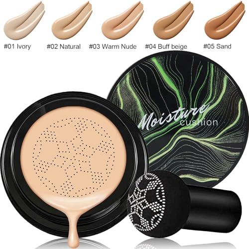Hilareco Mushroom Head Air Cushion CC Cream Natural Foundation,Phoera Powder, Bright Makeup Base Long Lasting with Makeup Sponge and Flat Top Kabuki Foundation Brush (#03 Warm Nude)