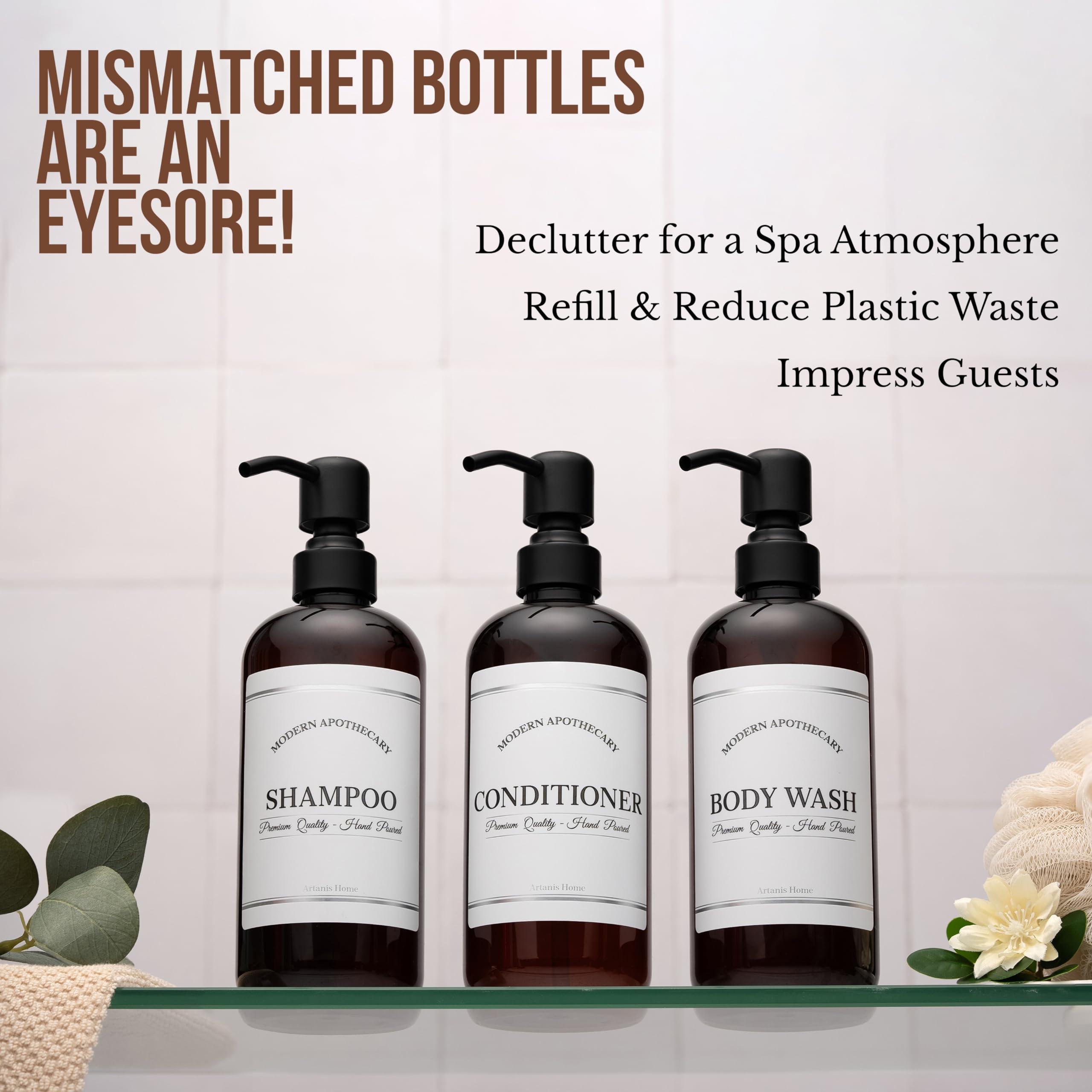 Artanis Home Amber Refillable Shampoo and Conditioner Bottles - Body Wash, Shampoo and Conditioner Dispenser - PET Plastic Shampoo Bottles Refillable with Pump - Waterproof Labels - 16 oz, 3 Pack (Black Satin)