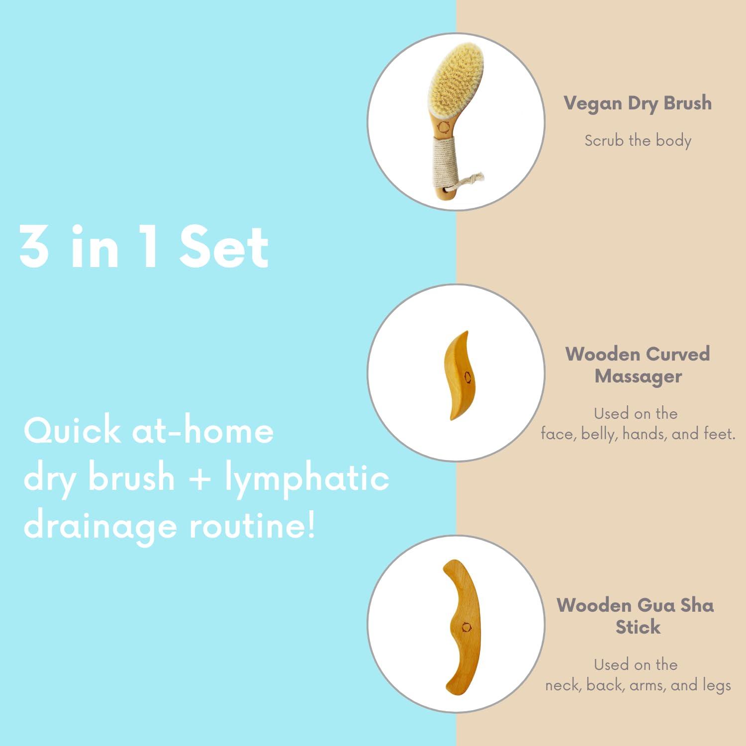 Reccsy Dry Brushing Body Brush for Lymphatic Drainage-Vegan Dry Brush with Contoured Non-Slip Handle +Wood Therapy Massage Tools. Maderoterapia Kit, Gua Sha, Anti-Cellulite, Body Sculpting, Sensitive Skin