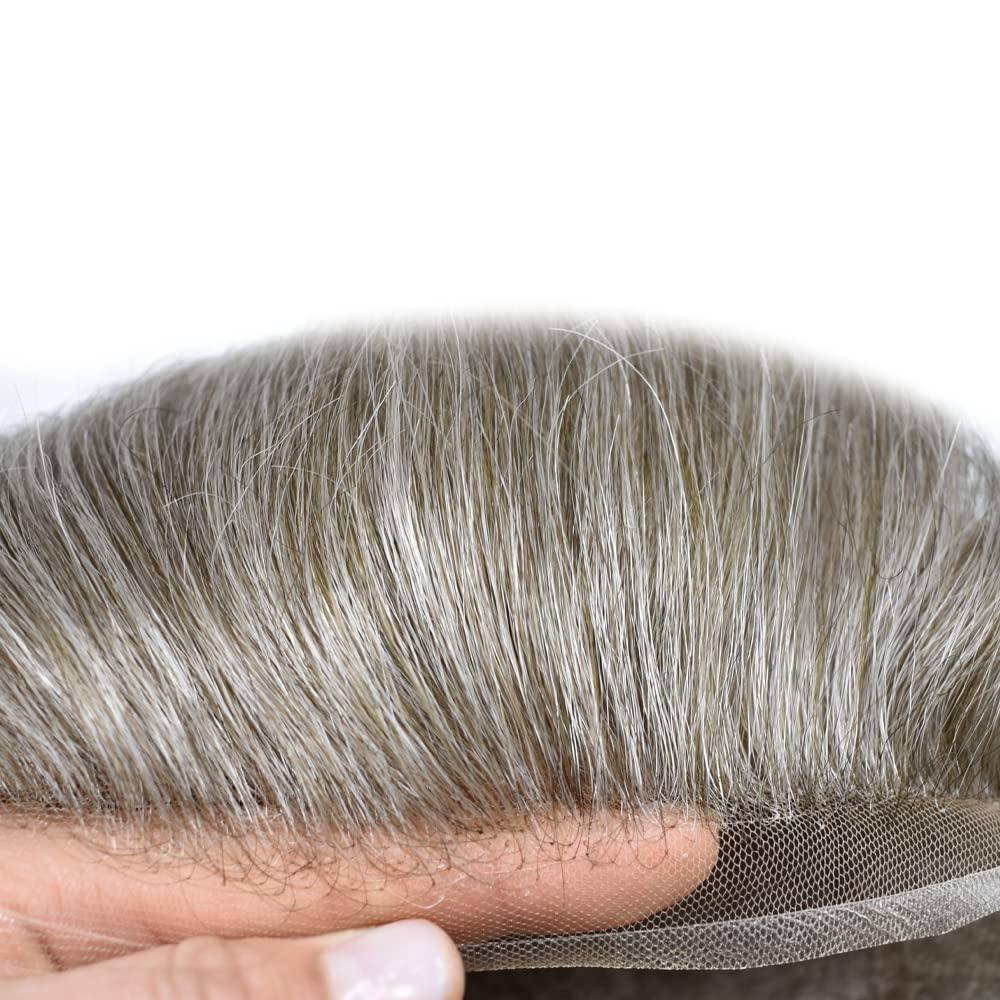 Generic Gray Toupee For Men European Human Hair Piece Swiss Lace Front Mens Toupee Bleached Knots Natural Hairline Gray White Hair Replacement System For Men. (8x10\'\'-100% Light Med-Light Density, 370# Dark Brown with 70% Synthetic Gray)