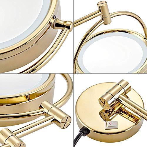 KWEE KWEE LED Makeup Mirror Wall Mount 10x Magnification, Double Sided Magnifying Makeup Mirrors with Lighted, 8.5 inch Extension - for Bathroom Shaving Gold Finish