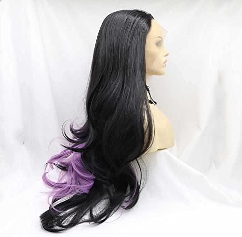 melody wig melody wig Synthetic Half Black Half Purple Lace Front Wigs For Women Hair Heat Resistant Fiber Long Half Wig Long Body Wave Hair Side Part Cosplay