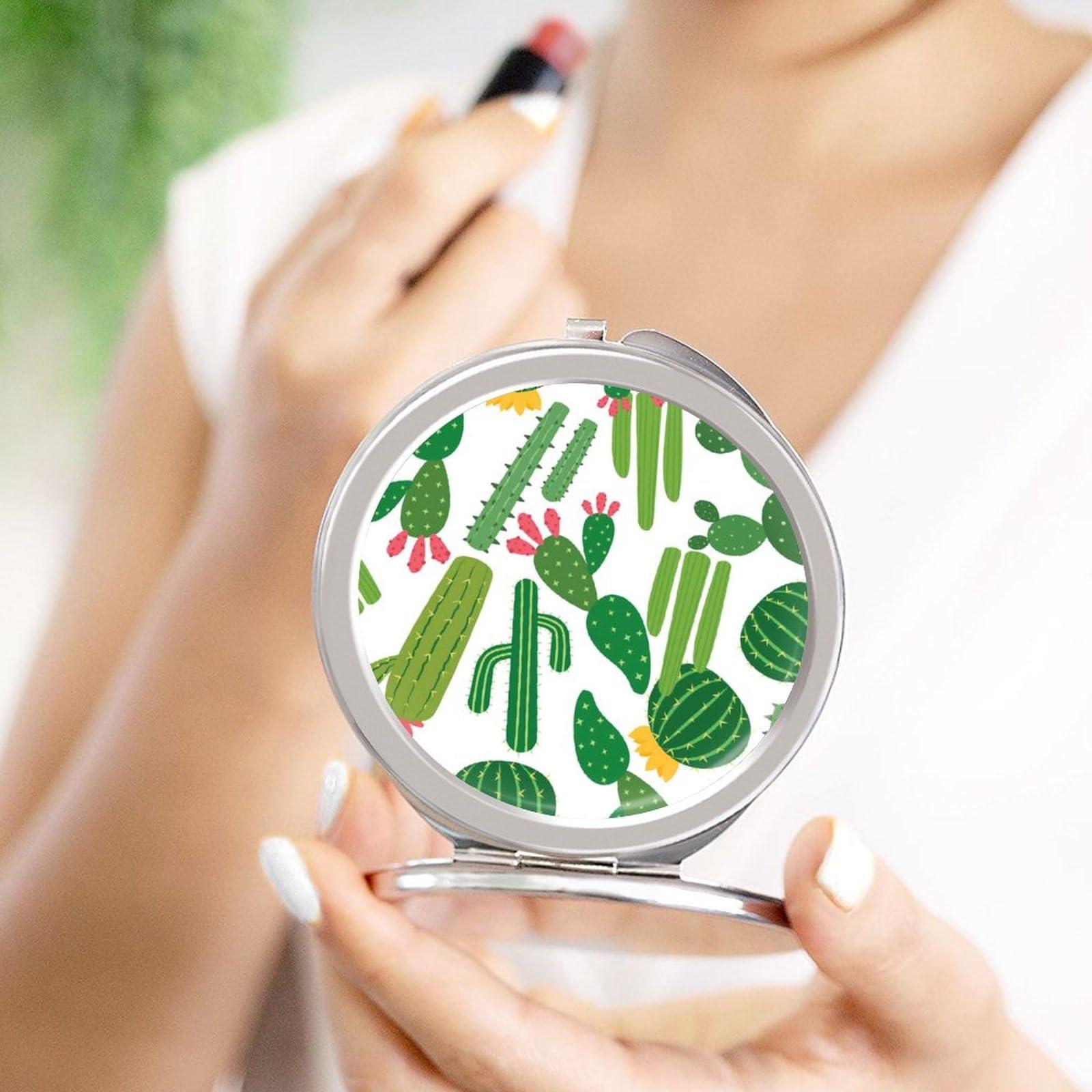 Donnapink Seamless Green Cactus Cacti with Yellow and Pink Flowers on White Folding Make Up Mirror, Portable Travel Makeup Mirror, Compact 2X/1X Magnification Mirror for Mom Women Ladies 2.4 x 2.4 inch