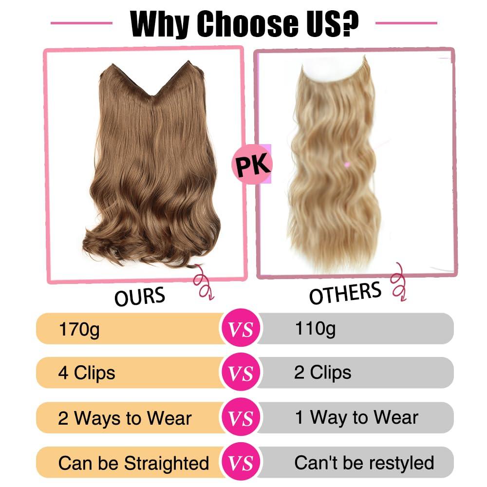 TOZIKA Halo Hair Extensions 20 Inch Medium Brown Invisible Wire Hair Extensions Adjustable Long Wavy Hair Extensions 4 Secure Clips in Hairpieces Natural Looking Fiber Wig for Daily Party Use (Brown)