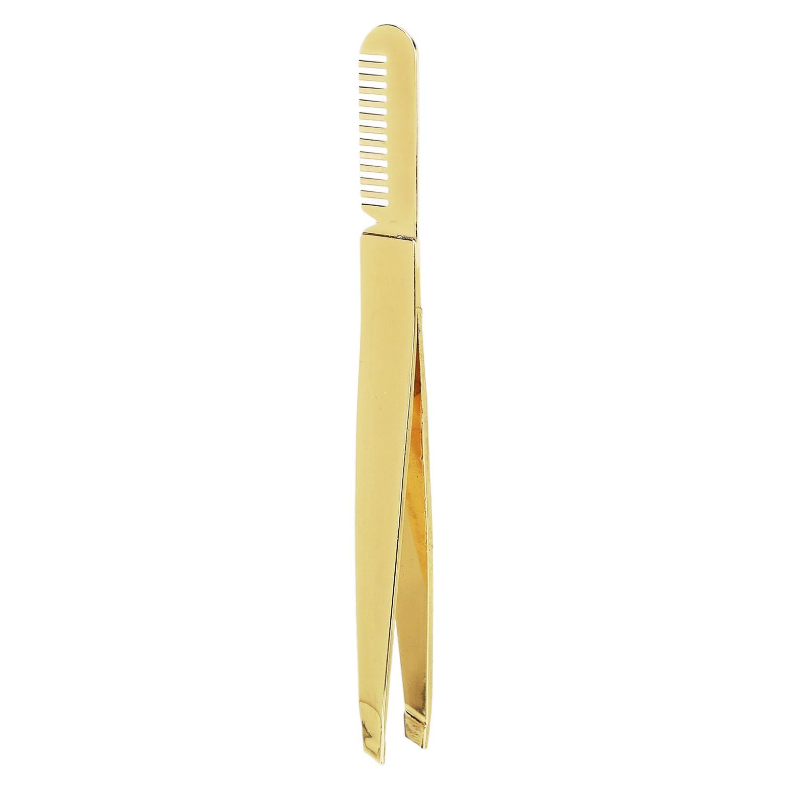 TITA-DONG 2pcs Slant Pointed Tweezer with Comb, Stainless Steel Eyebrow Tweezer Set, High Hardness Double Headed Tweezer Comb, Professional Eyebrow Trimming Tool for Women Facial, Golden