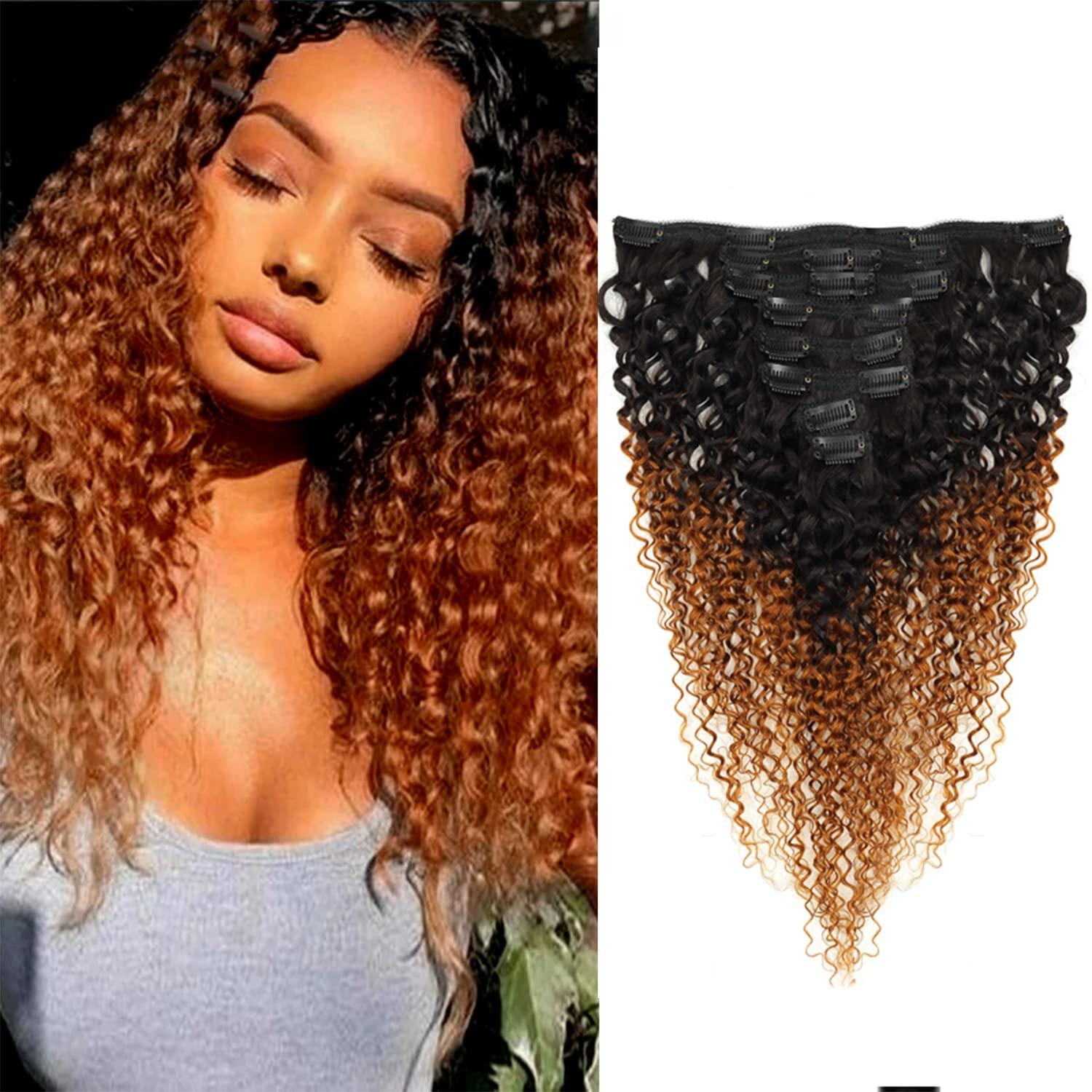 seelaak Seelaak 26inch Ombre Brown Curly Clip in Hair Extensions Brazilian Virgin Remy Hair Kinky Curly Clip Ins Human Hair Extension