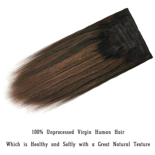 LOVRIO Lovrio Yaki Straight Clip in Human Hair Two Tone Rooted Black to Natural Black #1B Mixed With Chocolate Brown #4 Light Yaki Clip in Remy Human Hair for Black Women Yaki Hair 20 Inch 120G