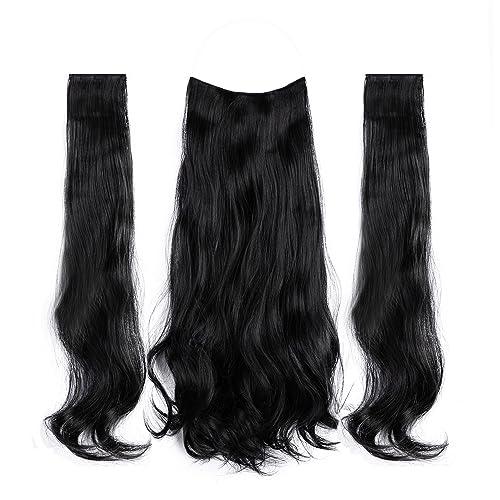 Daimeisy Upgrade Invisible Halo Hair Extensions with 3 PCS Set Headband Adjustable Long Wavy Secret Natual Black Wire Hair Extensions for Women