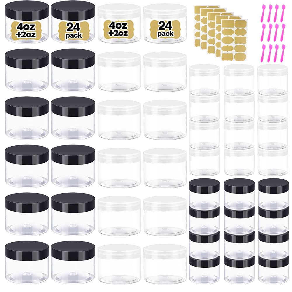 DupakSYS 4 oz Small Plastic Containers with Lids + 2oz Black & Clear Lids (Set of 48) Plastic Jars with Lids Cosmetic Jar - for Lip Scrub, Cream, Slime, Craft Storage