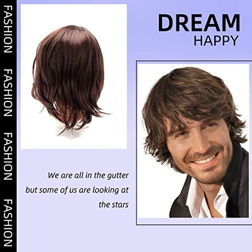 YWSQR Short Mens Wig|Brown Wigs for Men|Synthetic Mens Wigs|Fluffy 80s Wig for Party&Daily Use