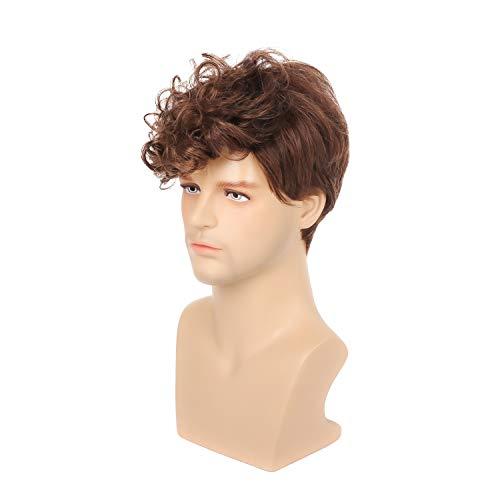 Kaneles Kaneles Mens Brown Wig Short Curly Fluffy Synthetic Halloween Cosplay Hair Wig for Male Guy (Brown)