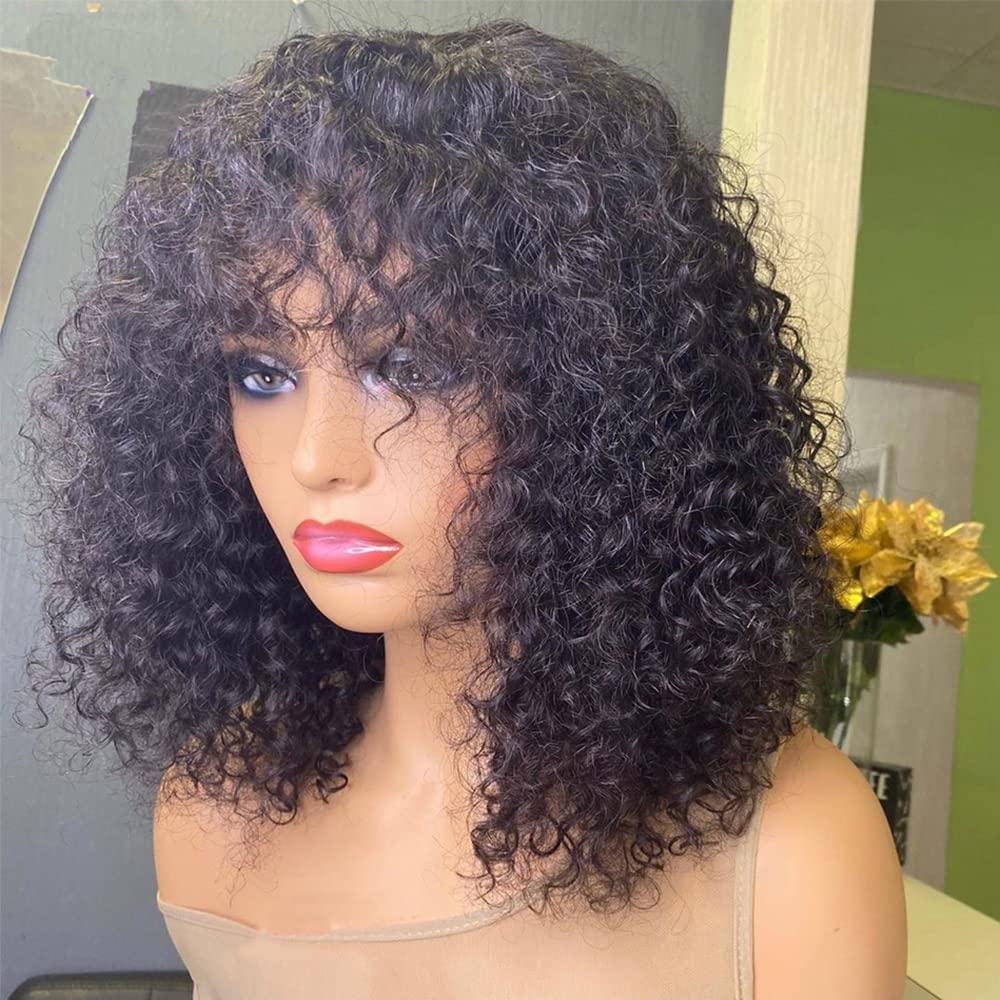 Young beauty Young beauty Curly Human Hair Wig With Bangs 100% Brazilian Human Hair Curly Wigs O Scalp Top Full Machine Made Wig for Black Women Loose Curly Wigs 180Density 20inch Natural Color