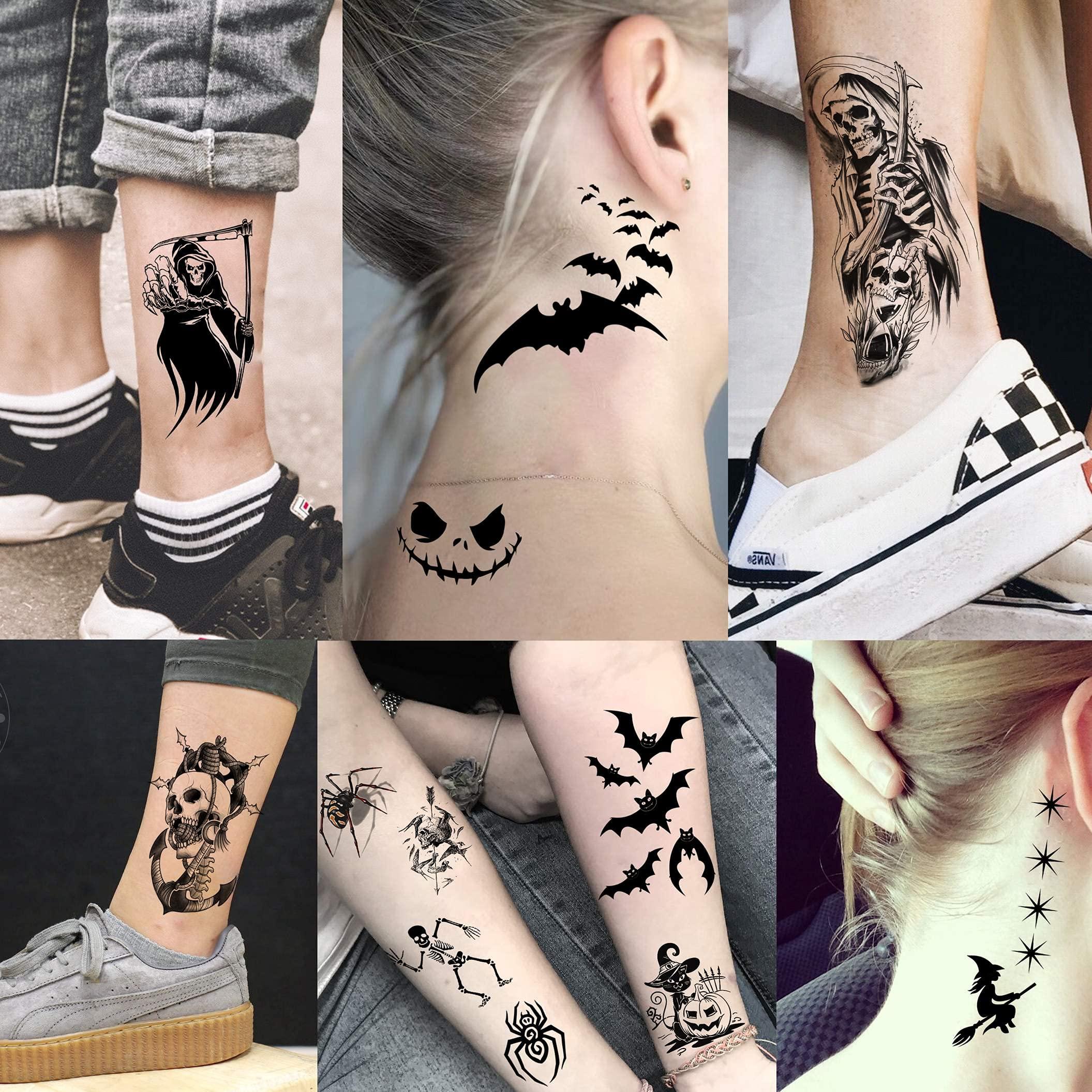 Shegazzi Shegazzi 52 Sheets Halloween Temporary Tattoos For Kids Boys Girls Women Men, 3D Scary Skull Skeleton Fake Tattoos Sticker For Adults, Small Ghost Vampire Bat Pumpkin Spider Temp Transfer Tatoos Devil