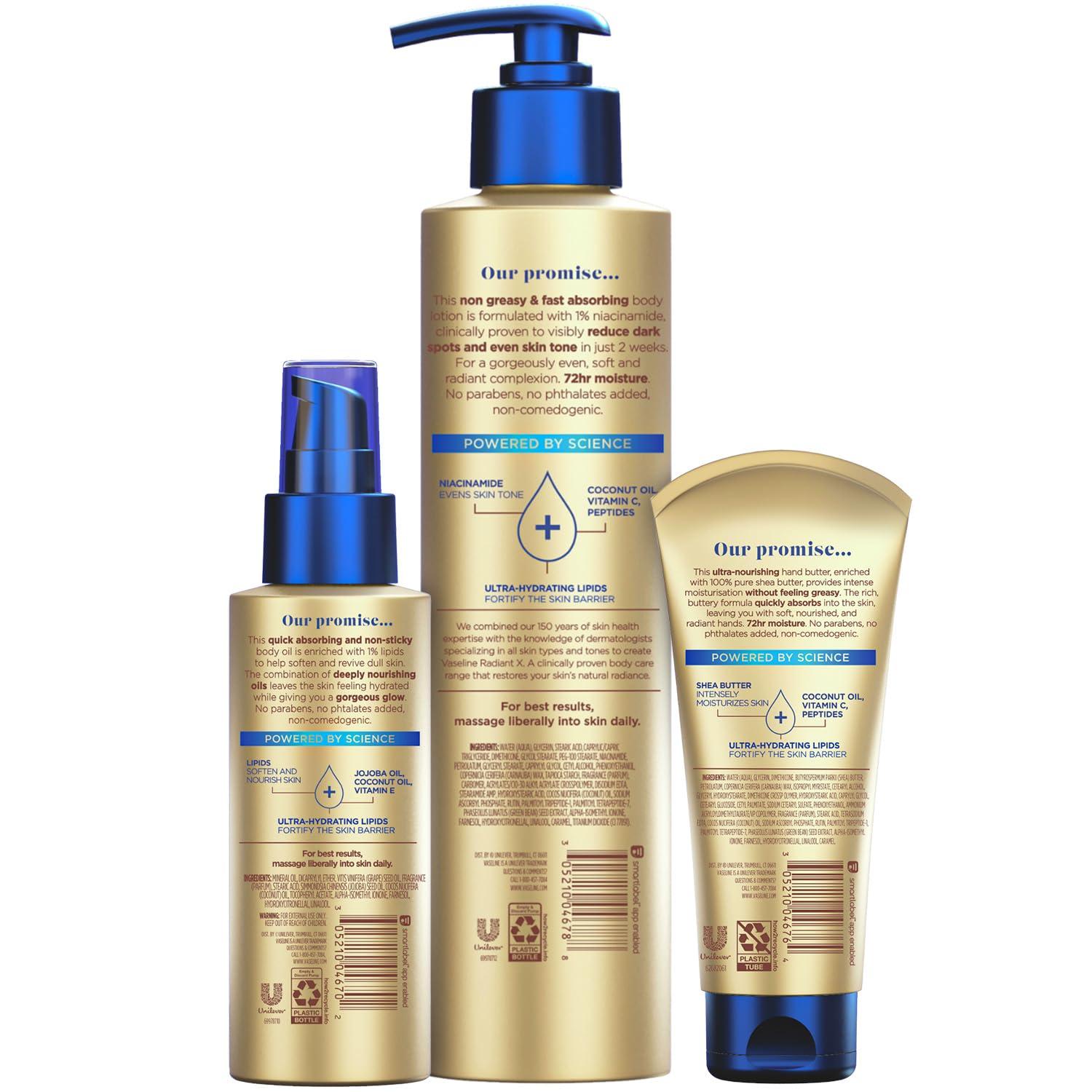 Vaseline Vaseline Radiant X Skin Care Set - Even Tone Nourishing Body Lotion with 1% Niacinamide & Hydrating Body Oil with 1% Lipids + Deep Nourishment Hand Butter with 100% Pure Shea Butter (3 Piece Set)