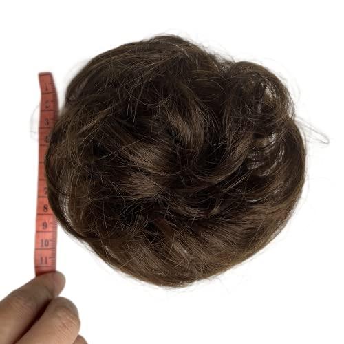 AYunhe 100% Human Hair Messy Bun Extension Tail, Messy Hair Bun Hair Scrunchies Extension with Fringe Curly Wavy Chignon for Women Wedding Tousled Updo Hairpiece (Dark Brown)