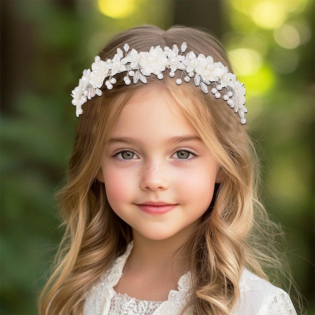 Campsis Campsis Hairband - White Flower Headband for Girls, Pearl Princess Girl Hair Bands, Wedding Bride Hair Accessories for Women and Girls