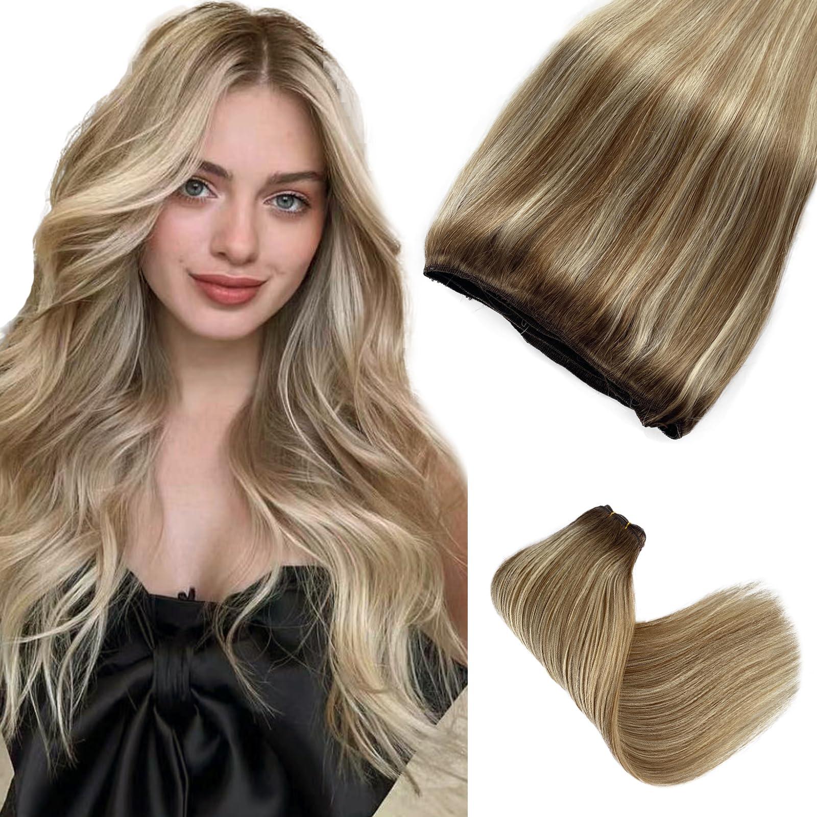 Smavida Ombre Blonde Hair Extensions Sew in Human Hair,14 Inch Light Brown Mixed Platinum Blonde Highlights Blonde Sew in Hair Extensions Real Human Hair Balayage Remy Human Hair Weaves for Women Full Ends