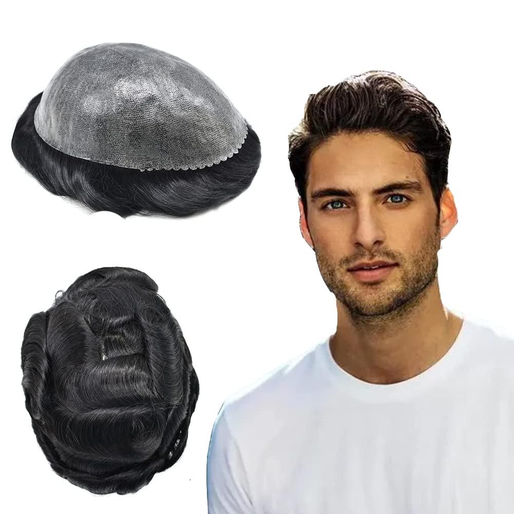 Hair Wonders HAIR WONDERS Toupee For Men Human Hair Injected Full Poly Skin Mens Hairpieces Durable Hair Replacement System Mens Toupee Hair Units (8\'\'*10\'\', 1# JET BLACK-120% medium light to medium density)
