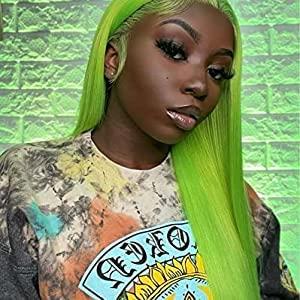 RainaHair Green Lace Front Wigs Straight Light Green Synthetic Hair Natural Heat Resistant Hair Wigs Half Hand Tied Wigs for Cosplay Daily Wear (24 Inch, Greenst/lace front wig)