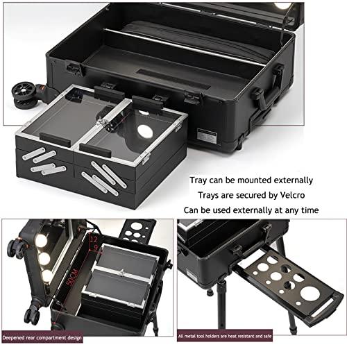 HJXGQJM HJXGQJM Aluminum Trolley Makeup Train Case With LED Lights Professional Cosmetic Organizer Studio With Wheels And Stands Rolling Lighted Makeup Vanity Station For Travel,black cosmetic case