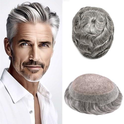LYRICAL HAIR Toupee for Men Hair System Replacement Mens Human Hair Piece Fine Mono Mens Toupee Clear Poly Skin Around Hairpiece Monofilament Wig 6\"X8\" #1B80 Off Black+80% Gray-110% Light to Medium Density