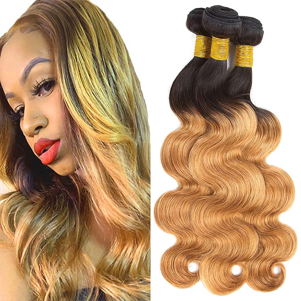 SEABURT #1B/27 Highlight Bundles Human Hair Body Wave Bundles Ombre Blonde Bundles 12 12 12 Inch 8A Grade Brazilain Remy Hair Extensions Designed For Black Women Human Hair Two Tone Black And Blonde